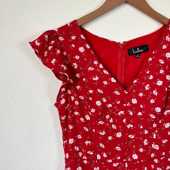 Lulus Jumpsuit Womens Small Red Flirty Floral Print Ruffle S - Picture 3 of 9